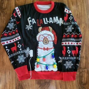 Womens Knit Ugly Christmas Sweater Size XL Llama Alpaca Lights Festive Unisex